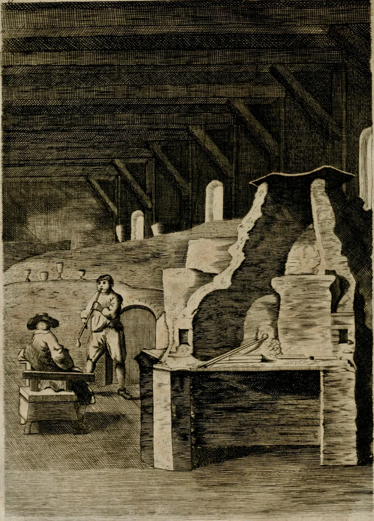 An illustration from Johannis Kunckelii, churfürstl. Brandenb. würcklich bestallt-geheimden Cammer-Dieners, Ars vitraria experimentalis, oder, Vollkommene Glasmacher-Kunst : lehrende, als in einem ... commentario über die ... sieben Bücher P. Anthonii Neri von Florenz, und denen ... Anmerckungen Christophori Merretti ... (so aus den Ital. und Latein. beyde mit Fleiss ins Hochdeutsche übersetzt) die allerkurtz bundigsten Manieren, das reineste Chrystall-Glas, alle gefärbte oder tingirte Gläser, künstliche Edelstein oder Flüsse ... zu machen ... : sampt einem II. Haupt-Thiel, so in drey unterschiedenen Bücher und mehr als 200 Experimenten bestehet, darinnen vom Glasmahlen, Vergulden und Brennen ... Türckisch Pappier, [et]c. ... und viel andere ungemeine Sachen zu machen, gelehret werden : mit einem Anhange von denen Perlen und fast allen natürlichen Edelsteinen .., 1679, leaf 31