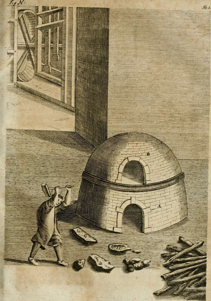 An illustration from Johannis Kunckelii, churfürstl. Brandenb. würcklich bestallt-geheimden Cammer-Dieners, Ars vitraria experimentalis, oder, Vollkommene Glasmacher-Kunst : lehrende, als in einem ... commentario über die ... sieben Bücher P. Anthonii Neri von Florenz, und denen ... Anmerckungen Christophori Merretti ... (so aus den Ital. und Latein. beyde mit Fleiss ins Hochdeutsche übersetzt) die allerkurtz bundigsten Manieren, das reineste Chrystall-Glas, alle gefärbte oder tingirte Gläser, künstliche Edelstein oder Flüsse ... zu machen ... : sampt einem II. Haupt-Thiel, so in drey unterschiedenen Bücher und mehr als 200 Experimenten bestehet, darinnen vom Glasmahlen, Vergulden und Brennen ... Türckisch Pappier, [et]c. ... und viel andere ungemeine Sachen zu machen, gelehret werden : mit einem Anhange von denen Perlen und fast allen natürlichen Edelsteinen .., 1679, leaf 370