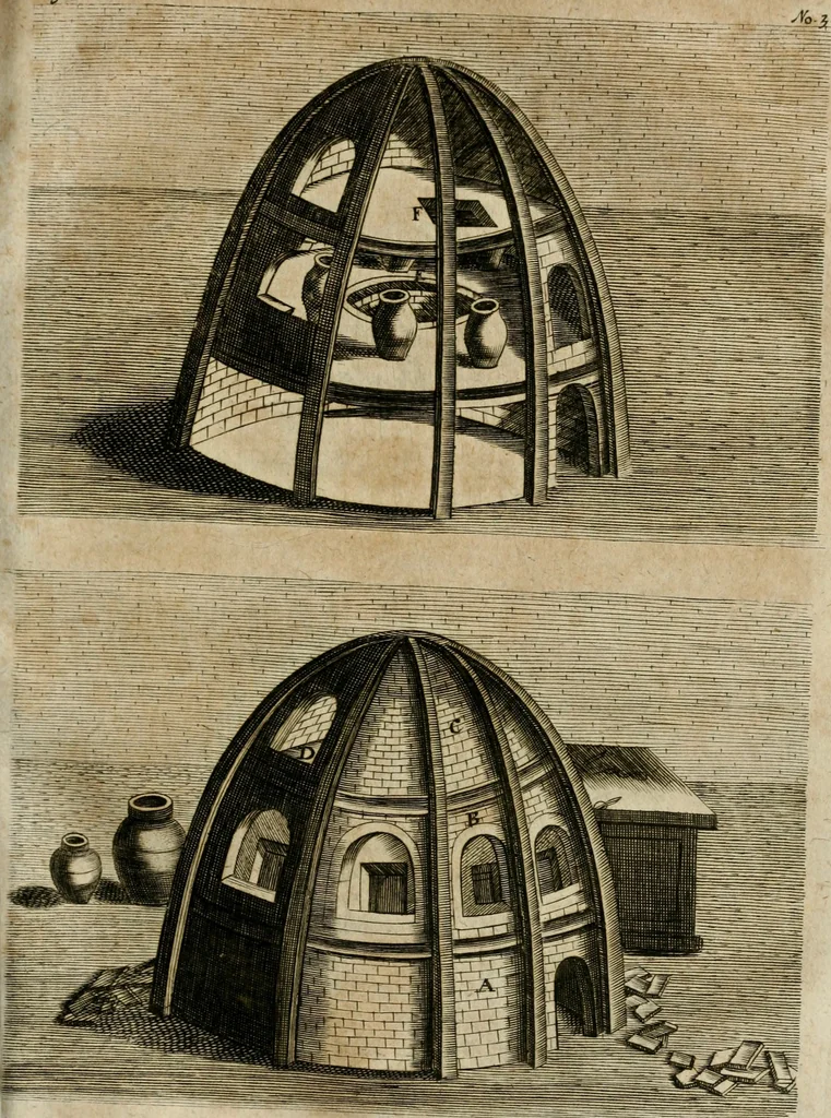 An illustration from Johannis Kunckelii, churfürstl. Brandenb. würcklich bestallt-geheimden Cammer-Dieners, Ars vitraria experimentalis, oder, Vollkommene Glasmacher-Kunst : lehrende, als in einem ... commentario über die ... sieben Bücher P. Anthonii Neri von Florenz, und denen ... Anmerckungen Christophori Merretti ... (so aus den Ital. und Latein. beyde mit Fleiss ins Hochdeutsche übersetzt) die allerkurtz bundigsten Manieren, das reineste Chrystall-Glas, alle gefärbte oder tingirte Gläser, künstliche Edelstein oder Flüsse ... zu machen ... : sampt einem II. Haupt-Thiel, so in drey unterschiedenen Bücher und mehr als 200 Experimenten bestehet, darinnen vom Glasmahlen, Vergulden und Brennen ... Türckisch Pappier, [et]c. ... und viel andere ungemeine Sachen zu machen, gelehret werden : mit einem Anhange von denen Perlen und fast allen natürlichen Edelsteinen .., 1679, leaf 376