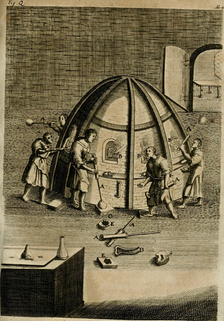 An illustration from Johannis Kunckelii, churfürstl. Brandenb. würcklich bestallt-geheimden Cammer-Dieners, Ars vitraria experimentalis, oder, Vollkommene Glasmacher-Kunst : lehrende, als in einem ... commentario über die ... sieben Bücher P. Anthonii Neri von Florenz, und denen ... Anmerckungen Christophori Merretti ... (so aus den Ital. und Latein. beyde mit Fleiss ins Hochdeutsche übersetzt) die allerkurtz bundigsten Manieren, das reineste Chrystall-Glas, alle gefärbte oder tingirte Gläser, künstliche Edelstein oder Flüsse ... zu machen ... : sampt einem II. Haupt-Thiel, so in drey unterschiedenen Bücher und mehr als 200 Experimenten bestehet, darinnen vom Glasmahlen, Vergulden und Brennen ... Türckisch Pappier, [et]c. ... und viel andere ungemeine Sachen zu machen, gelehret werden : mit einem Anhange von denen Perlen und fast allen natürlichen Edelsteinen .., 1679, leaf 380