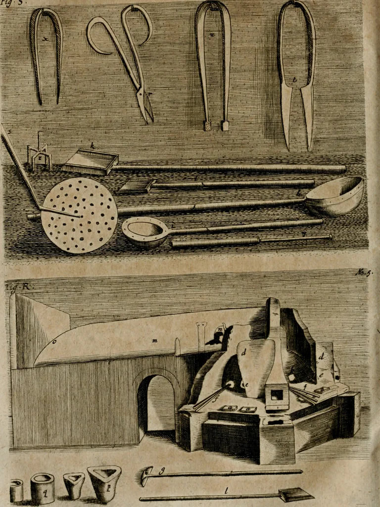 An illustration from Johannis Kunckelii, churfürstl. Brandenb. würcklich bestallt-geheimden Cammer-Dieners, Ars vitraria experimentalis, oder, Vollkommene Glasmacher-Kunst : lehrende, als in einem ... commentario über die ... sieben Bücher P. Anthonii Neri von Florenz, und denen ... Anmerckungen Christophori Merretti ... (so aus den Ital. und Latein. beyde mit Fleiss ins Hochdeutsche übersetzt) die allerkurtz bundigsten Manieren, das reineste Chrystall-Glas, alle gefärbte oder tingirte Gläser, künstliche Edelstein oder Flüsse ... zu machen ... : sampt einem II. Haupt-Thiel, so in drey unterschiedenen Bücher und mehr als 200 Experimenten bestehet, darinnen vom Glasmahlen, Vergulden und Brennen ... Türckisch Pappier, [et]c. ... und viel andere ungemeine Sachen zu machen, gelehret werden : mit einem Anhange von denen Perlen und fast allen natürlichen Edelsteinen .., 1679, leaf 385