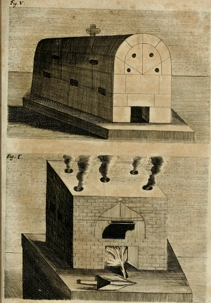 An illustration from Johannis Kunckelii, churfürstl. Brandenb. würcklich bestallt-geheimden Cammer-Dieners, Ars vitraria experimentalis, oder, Vollkommene Glasmacher-Kunst : lehrende, als in einem ... commentario über die ... sieben Bücher P. Anthonii Neri von Florenz, und denen ... Anmerckungen Christophori Merretti ... (so aus den Ital. und Latein. beyde mit Fleiss ins Hochdeutsche übersetzt) die allerkurtz bundigsten Manieren, das reineste Chrystall-Glas, alle gefärbte oder tingirte Gläser, künstliche Edelstein oder Flüsse ... zu machen ... : sampt einem II. Haupt-Thiel, so in drey unterschiedenen Bücher und mehr als 200 Experimenten bestehet, darinnen vom Glasmahlen, Vergulden und Brennen ... Türckisch Pappier, [et]c. ... und viel andere ungemeine Sachen zu machen, gelehret werden : mit einem Anhange von denen Perlen und fast allen natürlichen Edelsteinen .., 1679, leaf 420
