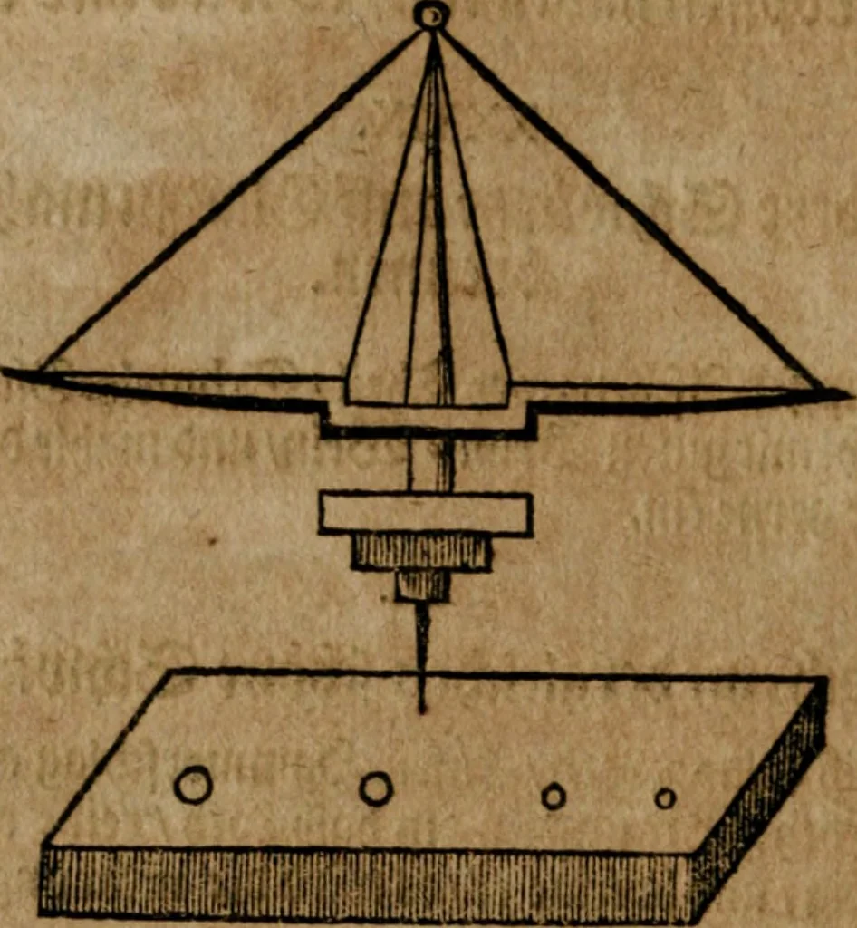 An illustration from Johannis Kunckelii, churfürstl. Brandenb. würcklich bestallt-geheimden Cammer-Dieners, Ars vitraria experimentalis, oder, Vollkommene Glasmacher-Kunst : lehrende, als in einem ... commentario über die ... sieben Bücher P. Anthonii Neri von Florenz, und denen ... Anmerckungen Christophori Merretti ... (so aus den Ital. und Latein. beyde mit Fleiss ins Hochdeutsche übersetzt) die allerkurtz bundigsten Manieren, das reineste Chrystall-Glas, alle gefärbte oder tingirte Gläser, künstliche Edelstein oder Flüsse ... zu machen ... : sampt einem II. Haupt-Thiel, so in drey unterschiedenen Bücher und mehr als 200 Experimenten bestehet, darinnen vom Glasmahlen, Vergulden und Brennen ... Türckisch Pappier, [et]c. ... und viel andere ungemeine Sachen zu machen, gelehret werden : mit einem Anhange von denen Perlen und fast allen natürlichen Edelsteinen .., 1679, leaf 435