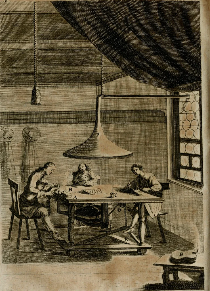 An illustration from Johannis Kunckelii, churfürstl. Brandenb. würcklich bestallt-geheimden Cammer-Dieners, Ars vitraria experimentalis, oder, Vollkommene Glasmacher-Kunst : lehrende, als in einem ... commentario über die ... sieben Bücher P. Anthonii Neri von Florenz, und denen ... Anmerckungen Christophori Merretti ... (so aus den Ital. und Latein. beyde mit Fleiss ins Hochdeutsche übersetzt) die allerkurtz bundigsten Manieren, das reineste Chrystall-Glas, alle gefärbte oder tingirte Gläser, künstliche Edelstein oder Flüsse ... zu machen ... : sampt einem II. Haupt-Thiel, so in drey unterschiedenen Bücher und mehr als 200 Experimenten bestehet, darinnen vom Glasmahlen, Vergulden und Brennen ... Türckisch Pappier, [et]c. ... und viel andere ungemeine Sachen zu machen, gelehret werden : mit einem Anhange von denen Perlen und fast allen natürlichen Edelsteinen .., 1679, leaf 485
