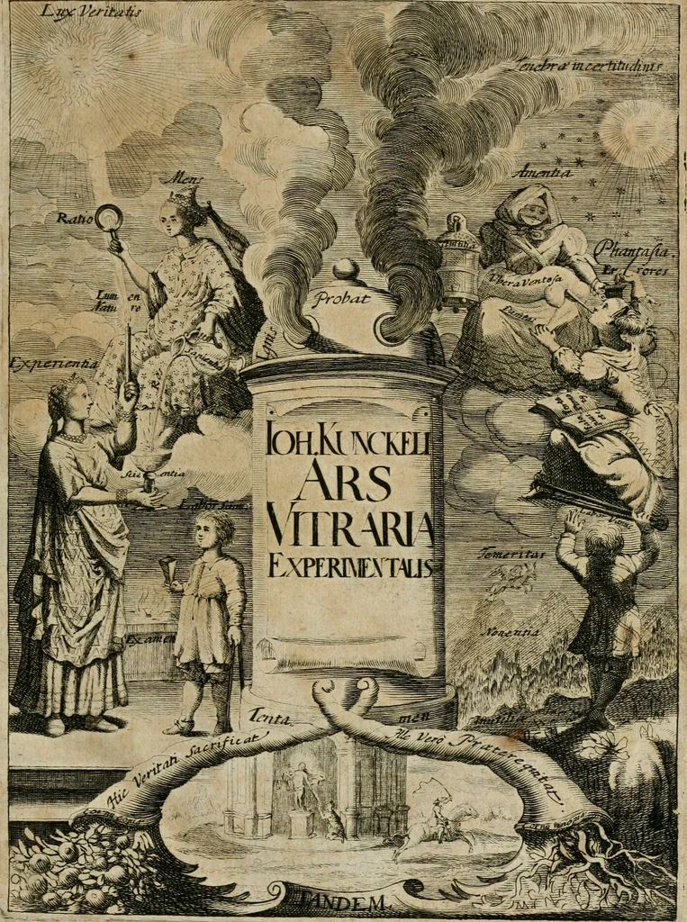 An illustration from Johannis Kunckelii, churfürstl. Brandenb. würcklich bestallt-geheimden Cammer-Dieners, Ars vitraria experimentalis, oder, Vollkommene Glasmacher-Kunst : lehrende, als in einem ... commentario über die ... sieben Bücher P. Anthonii Neri von Florenz, und denen ... Anmerckungen Christophori Merretti ... (so aus den Ital. und Latein. beyde mit Fleiss ins Hochdeutsche übersetzt) die allerkurtz bundigsten Manieren, das reineste Chrystall-Glas, alle gefärbte oder tingirte Gläser, künstliche Edelstein oder Flüsse ... zu machen ... : sampt einem II. Haupt-Thiel, so in drey unterschiedenen Bücher und mehr als 200 Experimenten bestehet, darinnen vom Glasmahlen, Vergulden und Brennen ... Türckisch Pappier, [et]c. ... und viel andere ungemeine Sachen zu machen, gelehret werden : mit einem Anhange von denen Perlen und fast allen natürlichen Edelsteinen .., 1679, leaf 8