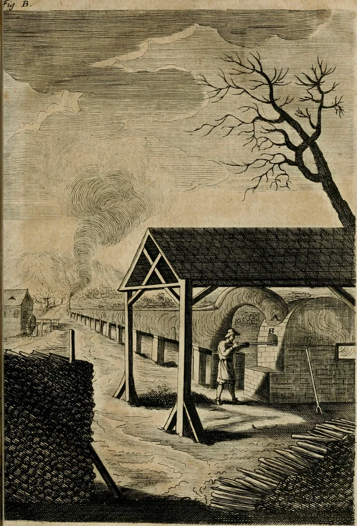 An illustration from Johannis Kunckelii, churfürstl. Brandenb. würcklich bestallt-geheimden Cammer-Dieners, Ars vitraria experimentalis, oder, Vollkommene Glasmacher-Kunst : lehrende, als in einem ... commentario über die ... sieben Bücher P. Anthonii Neri von Florenz, und denen ... Anmerckungen Christophori Merretti ... (so aus den Ital. und Latein. beyde mit Fleiss ins Hochdeutsche übersetzt) die allerkurtz bundigsten Manieren, das reineste Chrystall-Glas, alle gefärbte oder tingirte Gläser, künstliche Edelstein oder Flüsse ... zu machen ... : sampt einem II. Haupt-Thiel, so in drey unterschiedenen Bücher und mehr als 200 Experimenten bestehet, darinnen vom Glasmahlen, Vergulden und Brennen ... Türckisch Pappier, [et]c. ... und viel andere ungemeine Sachen zu machen, gelehret werden : mit einem Anhange von denen Perlen und fast allen natürlichen Edelsteinen .., 1679, leaf 80