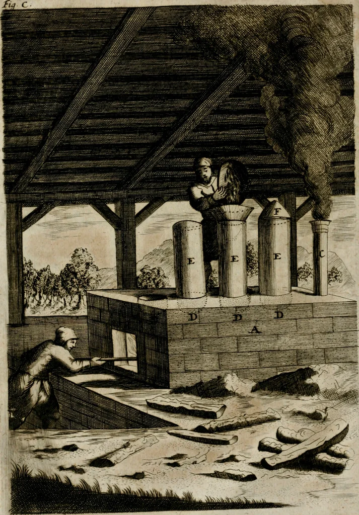 An illustration from Johannis Kunckelii, churfürstl. Brandenb. würcklich bestallt-geheimden Cammer-Dieners, Ars vitraria experimentalis, oder, Vollkommene Glasmacher-Kunst : lehrende, als in einem ... commentario über die ... sieben Bücher P. Anthonii Neri von Florenz, und denen ... Anmerckungen Christophori Merretti ... (so aus den Ital. und Latein. beyde mit Fleiss ins Hochdeutsche übersetzt) die allerkurtz bundigsten Manieren, das reineste Chrystall-Glas, alle gefärbte oder tingirte Gläser, künstliche Edelstein oder Flüsse ... zu machen ... : sampt einem II. Haupt-Thiel, so in drey unterschiedenen Bücher und mehr als 200 Experimenten bestehet, darinnen vom Glasmahlen, Vergulden und Brennen ... Türckisch Pappier, [et]c. ... und viel andere ungemeine Sachen zu machen, gelehret werden : mit einem Anhange von denen Perlen und fast allen natürlichen Edelsteinen .., 1679, leaf 85
