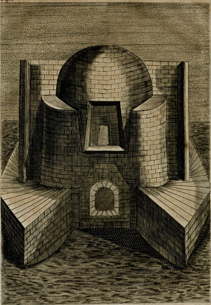 An illustration from Johannis Kunckelii, churfürstl. Brandenb. würcklich bestallt-geheimden Cammer-Dieners, Ars vitraria experimentalis, oder, Vollkommene Glasmacher-Kunst : lehrende, als in einem ... commentario über die ... sieben Bücher P. Anthonii Neri von Florenz, und denen ... Anmerckungen Christophori Merretti ... (so aus den Ital. und Latein. beyde mit Fleiss ins Hochdeutsche übersetzt) die allerkurtz bundigsten Manieren, das reineste Chrystall-Glas, alle gefärbte oder tingirte Gläser, künstliche Edelstein oder Flüsse ... zu machen ... : sampt einem II. Haupt-Thiel, so in drey unterschiedenen Bücher und mehr als 200 Experimenten bestehet, darinnen vom Glasmahlen, Vergulden und Brennen ... Türckisch Pappier, [et]c. ... und viel andere ungemeine Sachen zu machen, gelehret werden : mit einem Anhange von denen Perlen und fast allen natürlichen Edelsteinen .., 1679, leaf 97