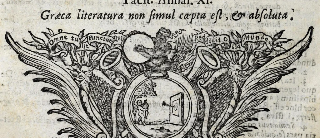 An illustration from Johannis Petri Erici in ejusdem Principio philologico promissa Anthrōpoglōttogonia, sive, Humanae linguae genesis partis primae, tomus primus : ubi de particulis quibusdam, & imprimis de pronominibus tam Graecis, quàm Hebraicis & Latinis : nec non iis, quae his accidunt, agitur : tum diversorum etiam idiomatum glossemata non pauca, quae indagatorem hactenus desiderarunt, evidenti etymologiâ resolvuntur & dilucidantur, 1697, leaf 218