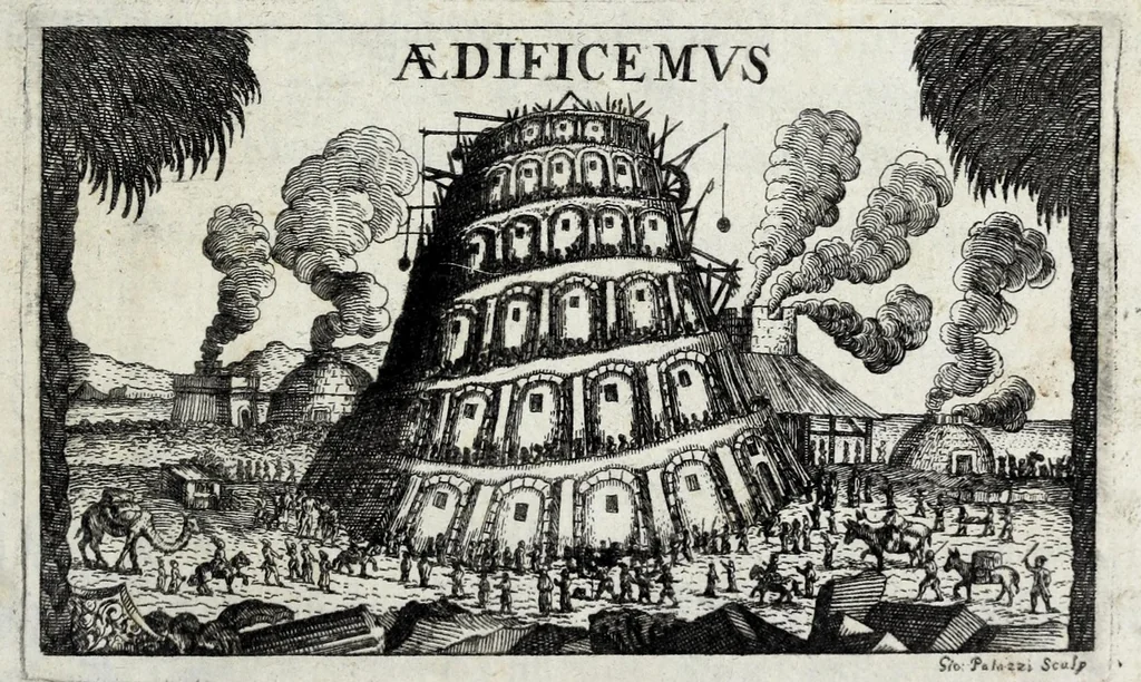 An illustration from Johannis Petri Erici in ejusdem Principio philologico promissa Anthrōpoglōttogonia, sive, Humanae linguae genesis partis primae, tomus primus : ubi de particulis quibusdam, & imprimis de pronominibus tam Graecis, quàm Hebraicis & Latinis : nec non iis, quae his accidunt, agitur : tum diversorum etiam idiomatum glossemata non pauca, quae indagatorem hactenus desiderarunt, evidenti etymologiâ resolvuntur & dilucidantur, 1697, leaf 9