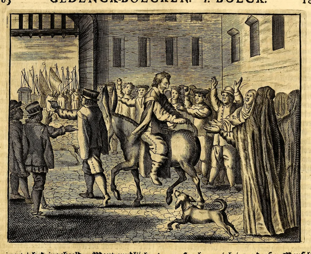 An illustration from Joh[ann] Lodew[ijck] Gottfrieds Historische kronyck; : vervattende een nauwkeurige en volkomene beschrijvingh der aldergedenck waerdigste geschiedenissen des weerelds, van den aenvangh der Scheppingh tot op't jaer Christi 1576. In een nette ordre gebragt na de verdeelingh der vier monarchien, en de bondighste jaer-rekeningh. Op nieuws vertaeld na den derden vermeerderden druck, met byvoegingh van de Historie der Reformatie in Duytschland: en een volkoomen bladwijser aller voornaemste saecken,, 1698, leaf 111