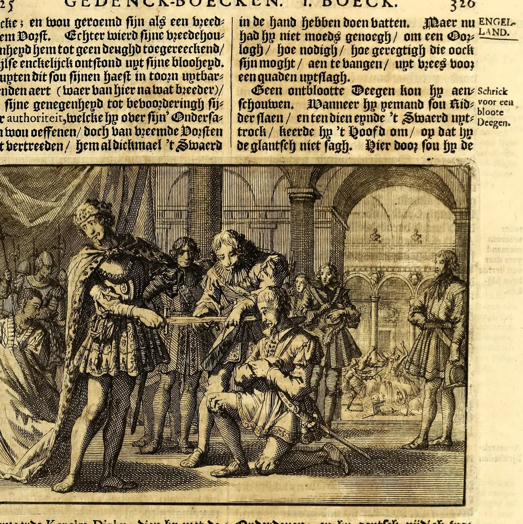 An illustration from Joh[ann] Lodew[ijck] Gottfrieds Historische kronyck; : vervattende een nauwkeurige en volkomene beschrijvingh der aldergedenck waerdigste geschiedenissen des weerelds, van den aenvangh der Scheppingh tot op't jaer Christi 1576. In een nette ordre gebragt na de verdeelingh der vier monarchien, en de bondighste jaer-rekeningh. Op nieuws vertaeld na den derden vermeerderden druck, met byvoegingh van de Historie der Reformatie in Duytschland: en een volkoomen bladwijser aller voornaemste saecken,, 1698, leaf 181