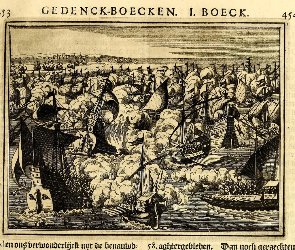 An illustration from Joh[ann] Lodew[ijck] Gottfrieds Historische kronyck; : vervattende een nauwkeurige en volkomene beschrijvingh der aldergedenck waerdigste geschiedenissen des weerelds, van den aenvangh der Scheppingh tot op't jaer Christi 1576. In een nette ordre gebragt na de verdeelingh der vier monarchien, en de bondighste jaer-rekeningh. Op nieuws vertaeld na den derden vermeerderden druck, met byvoegingh van de Historie der Reformatie in Duytschland: en een volkoomen bladwijser aller voornaemste saecken,, 1698, leaf 245