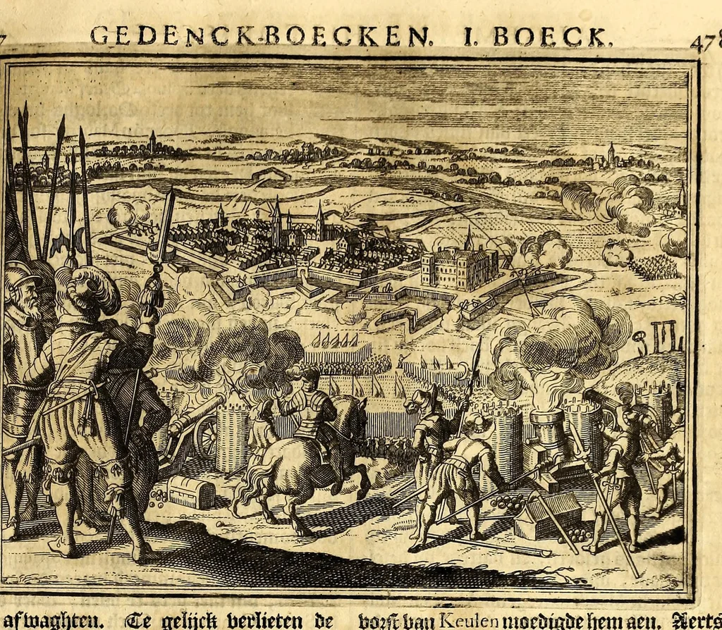 An illustration from Joh[ann] Lodew[ijck] Gottfrieds Historische kronyck; : vervattende een nauwkeurige en volkomene beschrijvingh der aldergedenck waerdigste geschiedenissen des weerelds, van den aenvangh der Scheppingh tot op't jaer Christi 1576. In een nette ordre gebragt na de verdeelingh der vier monarchien, en de bondighste jaer-rekeningh. Op nieuws vertaeld na den derden vermeerderden druck, met byvoegingh van de Historie der Reformatie in Duytschland: en een volkoomen bladwijser aller voornaemste saecken,, 1698, leaf 257