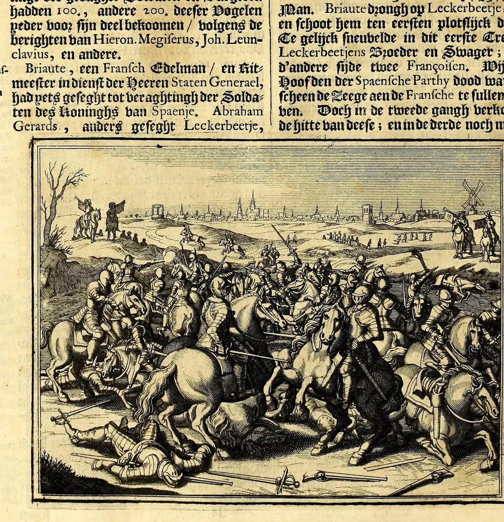 An illustration from Joh[ann] Lodew[ijck] Gottfrieds Historische kronyck; : vervattende een nauwkeurige en volkomene beschrijvingh der aldergedenck waerdigste geschiedenissen des weerelds, van den aenvangh der Scheppingh tot op't jaer Christi 1576. In een nette ordre gebragt na de verdeelingh der vier monarchien, en de bondighste jaer-rekeningh. Op nieuws vertaeld na den derden vermeerderden druck, met byvoegingh van de Historie der Reformatie in Duytschland: en een volkoomen bladwijser aller voornaemste saecken,, 1698, leaf 268