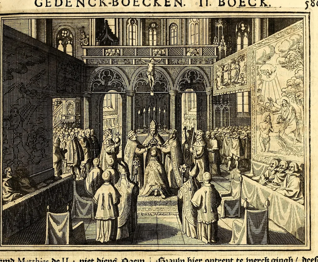 An illustration from Joh[ann] Lodew[ijck] Gottfrieds Historische kronyck; : vervattende een nauwkeurige en volkomene beschrijvingh der aldergedenck waerdigste geschiedenissen des weerelds, van den aenvangh der Scheppingh tot op't jaer Christi 1576. In een nette ordre gebragt na de verdeelingh der vier monarchien, en de bondighste jaer-rekeningh. Op nieuws vertaeld na den derden vermeerderden druck, met byvoegingh van de Historie der Reformatie in Duytschland: en een volkoomen bladwijser aller voornaemste saecken,, 1698, leaf 311