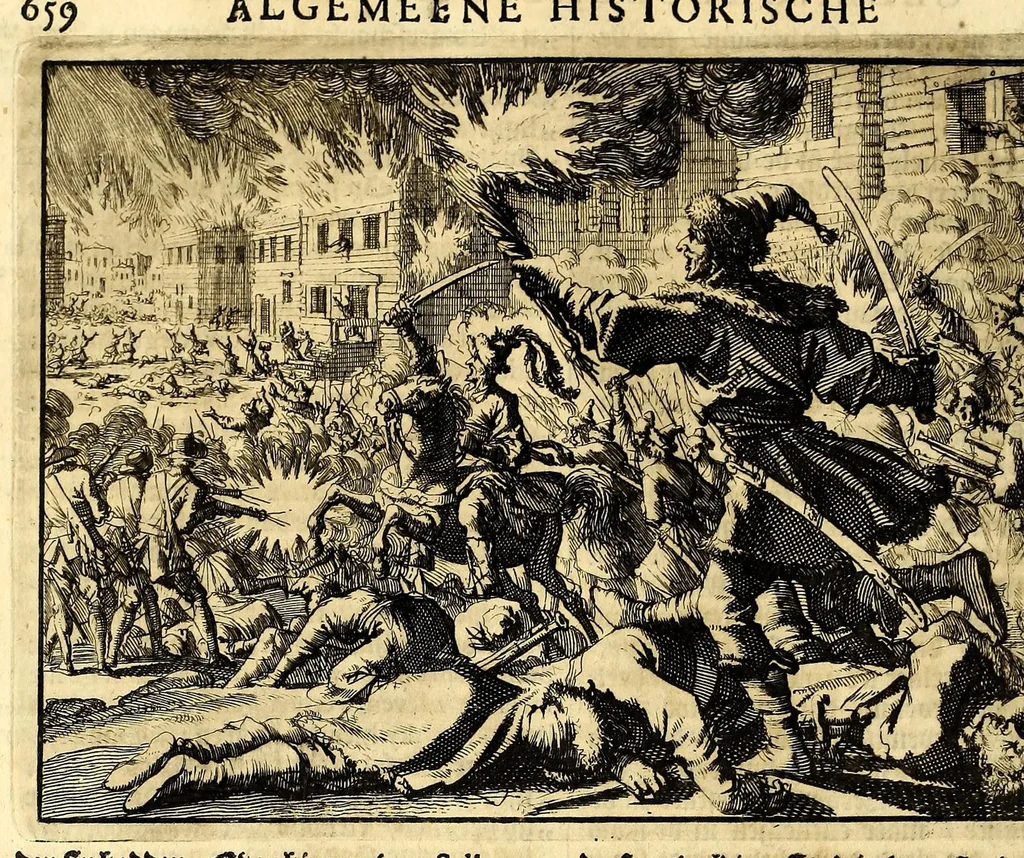 An illustration from Joh[ann] Lodew[ijck] Gottfrieds Historische kronyck; : vervattende een nauwkeurige en volkomene beschrijvingh der aldergedenck waerdigste geschiedenissen des weerelds, van den aenvangh der Scheppingh tot op't jaer Christi 1576. In een nette ordre gebragt na de verdeelingh der vier monarchien, en de bondighste jaer-rekeningh. Op nieuws vertaeld na den derden vermeerderden druck, met byvoegingh van de Historie der Reformatie in Duytschland: en een volkoomen bladwijser aller voornaemste saecken,, 1698, leaf 348
