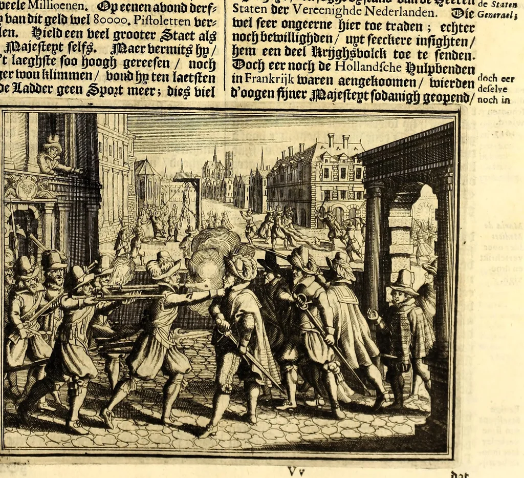 An illustration from Joh[ann] Lodew[ijck] Gottfrieds Historische kronyck; : vervattende een nauwkeurige en volkomene beschrijvingh der aldergedenck waerdigste geschiedenissen des weerelds, van den aenvangh der Scheppingh tot op't jaer Christi 1576. In een nette ordre gebragt na de verdeelingh der vier monarchien, en de bondighste jaer-rekeningh. Op nieuws vertaeld na den derden vermeerderden druck, met byvoegingh van de Historie der Reformatie in Duytschland: en een volkoomen bladwijser aller voornaemste saecken,, 1698, leaf 355