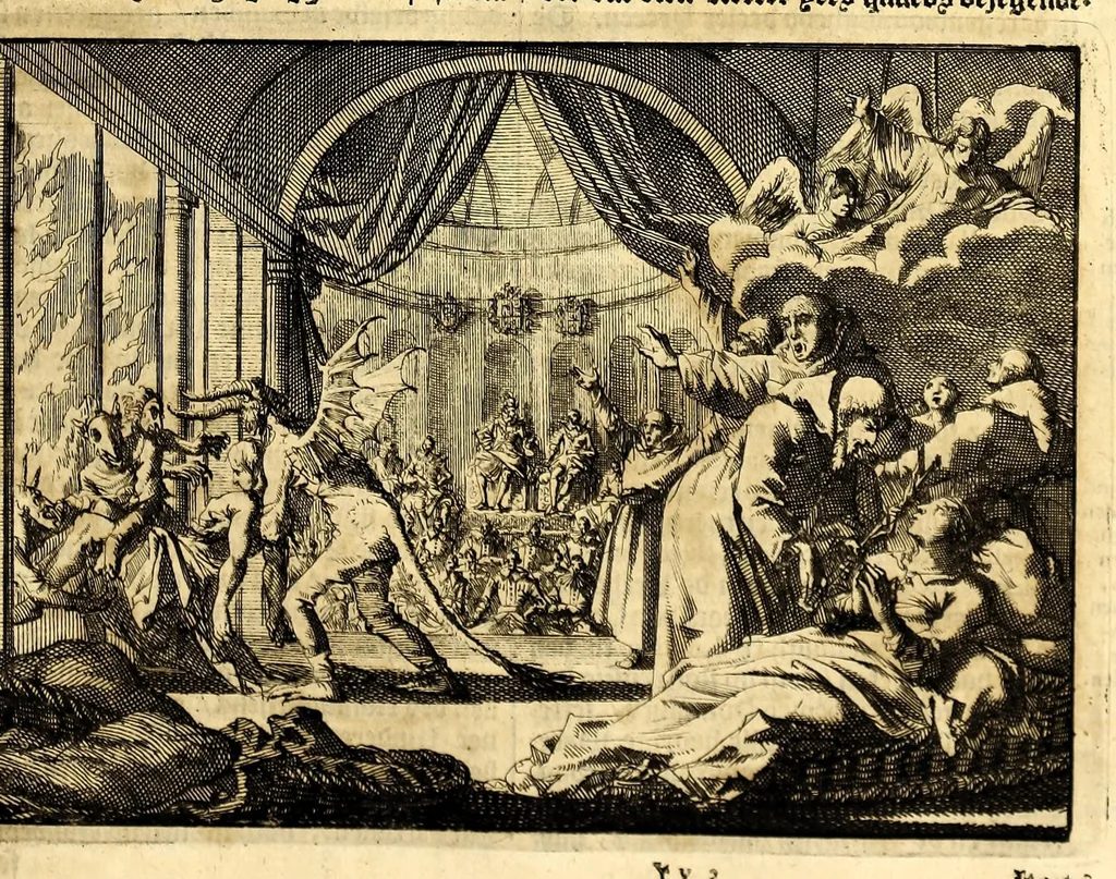 An illustration from Joh[ann] Lodew[ijck] Gottfrieds Historische kronyck; : vervattende een nauwkeurige en volkomene beschrijvingh der aldergedenck waerdigste geschiedenissen des weerelds, van den aenvangh der Scheppingh tot op't jaer Christi 1576. In een nette ordre gebragt na de verdeelingh der vier monarchien, en de bondighste jaer-rekeningh. Op nieuws vertaeld na den derden vermeerderden druck, met byvoegingh van de Historie der Reformatie in Duytschland: en een volkoomen bladwijser aller voornaemste saecken,, 1698, leaf 375