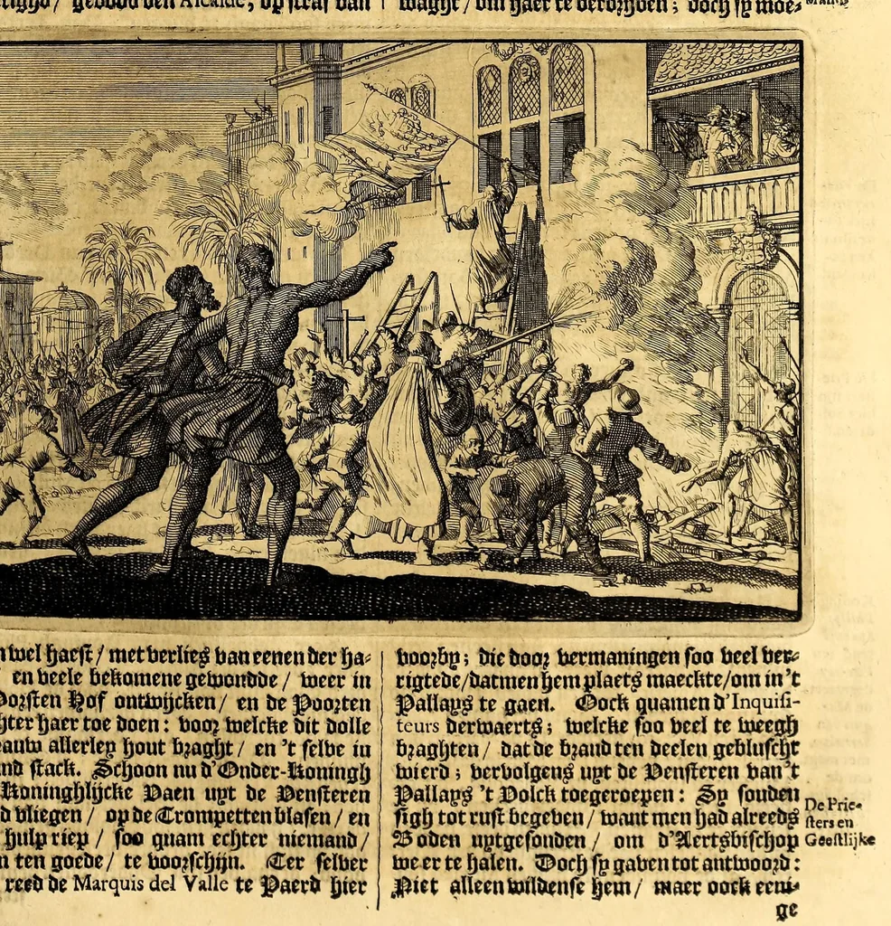 An illustration from Joh[ann] Lodew[ijck] Gottfrieds Historische kronyck; : vervattende een nauwkeurige en volkomene beschrijvingh der aldergedenck waerdigste geschiedenissen des weerelds, van den aenvangh der Scheppingh tot op't jaer Christi 1576. In een nette ordre gebragt na de verdeelingh der vier monarchien, en de bondighste jaer-rekeningh. Op nieuws vertaeld na den derden vermeerderden druck, met byvoegingh van de Historie der Reformatie in Duytschland: en een volkoomen bladwijser aller voornaemste saecken,, 1698, leaf 561
