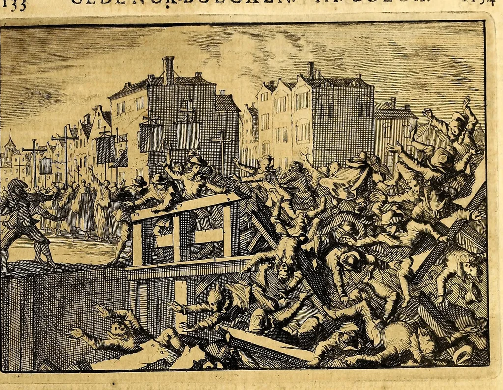 An illustration from Joh[ann] Lodew[ijck] Gottfrieds Historische kronyck; : vervattende een nauwkeurige en volkomene beschrijvingh der aldergedenck waerdigste geschiedenissen des weerelds, van den aenvangh der Scheppingh tot op't jaer Christi 1576. In een nette ordre gebragt na de verdeelingh der vier monarchien, en de bondighste jaer-rekeningh. Op nieuws vertaeld na den derden vermeerderden druck, met byvoegingh van de Historie der Reformatie in Duytschland: en een volkoomen bladwijser aller voornaemste saecken,, 1698, leaf 585
