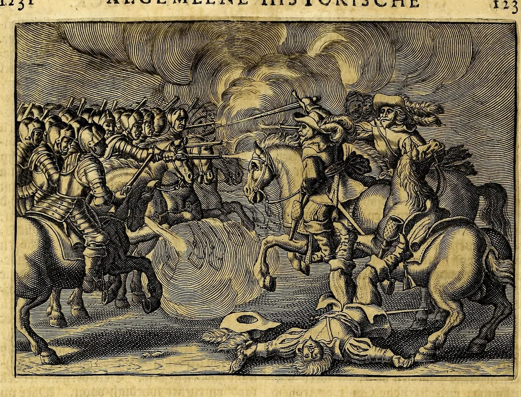 An illustration from Joh[ann] Lodew[ijck] Gottfrieds Historische kronyck; : vervattende een nauwkeurige en volkomene beschrijvingh der aldergedenck waerdigste geschiedenissen des weerelds, van den aenvangh der Scheppingh tot op't jaer Christi 1576. In een nette ordre gebragt na de verdeelingh der vier monarchien, en de bondighste jaer-rekeningh. Op nieuws vertaeld na den derden vermeerderden druck, met byvoegingh van de Historie der Reformatie in Duytschland: en een volkoomen bladwijser aller voornaemste saecken,, 1698, leaf 636