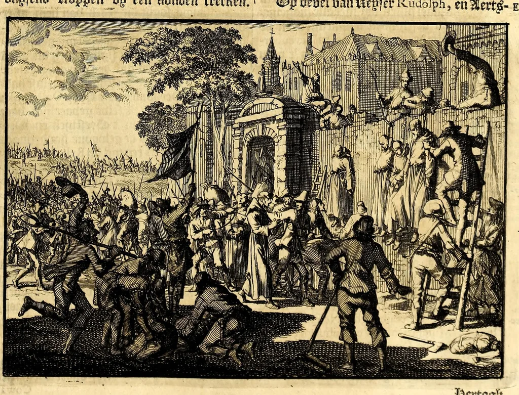 An illustration from Joh[ann] Lodew[ijck] Gottfrieds Historische kronyck; : vervattende een nauwkeurige en volkomene beschrijvingh der aldergedenck waerdigste geschiedenissen des weerelds, van den aenvangh der Scheppingh tot op't jaer Christi 1576. In een nette ordre gebragt na de verdeelingh der vier monarchien, en de bondighste jaer-rekeningh. Op nieuws vertaeld na den derden vermeerderden druck, met byvoegingh van de Historie der Reformatie in Duytschland: en een volkoomen bladwijser aller voornaemste saecken,, 1698, leaf 65
