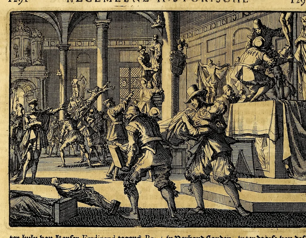 An illustration from Joh[ann] Lodew[ijck] Gottfrieds Historische kronyck; : vervattende een nauwkeurige en volkomene beschrijvingh der aldergedenck waerdigste geschiedenissen des weerelds, van den aenvangh der Scheppingh tot op't jaer Christi 1576. In een nette ordre gebragt na de verdeelingh der vier monarchien, en de bondighste jaer-rekeningh. Op nieuws vertaeld na den derden vermeerderden druck, met byvoegingh van de Historie der Reformatie in Duytschland: en een volkoomen bladwijser aller voornaemste saecken,, 1698, leaf 666