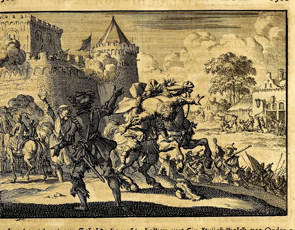 An illustration from Joh[ann] Lodew[ijck] Gottfrieds Historische kronyck; : vervattende een nauwkeurige en volkomene beschrijvingh der aldergedenck waerdigste geschiedenissen des weerelds, van den aenvangh der Scheppingh tot op't jaer Christi 1576. In een nette ordre gebragt na de verdeelingh der vier monarchien, en de bondighste jaer-rekeningh. Op nieuws vertaeld na den derden vermeerderden druck, met byvoegingh van de Historie der Reformatie in Duytschland: en een volkoomen bladwijser aller voornaemste saecken,, 1698, leaf 671