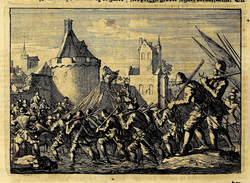 An illustration from Joh[ann] Lodew[ijck] Gottfrieds Historische kronyck; : vervattende een nauwkeurige en volkomene beschrijvingh der aldergedenck waerdigste geschiedenissen des weerelds, van den aenvangh der Scheppingh tot op't jaer Christi 1576. In een nette ordre gebragt na de verdeelingh der vier monarchien, en de bondighste jaer-rekeningh. Op nieuws vertaeld na den derden vermeerderden druck, met byvoegingh van de Historie der Reformatie in Duytschland: en een volkoomen bladwijser aller voornaemste saecken,, 1698, leaf 688