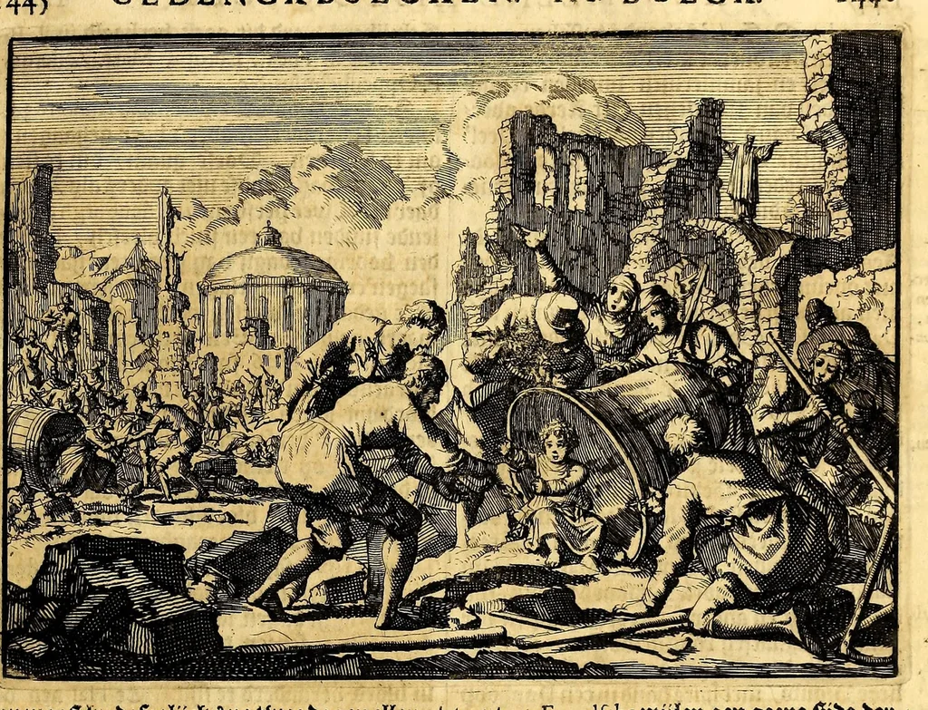 An illustration from Joh[ann] Lodew[ijck] Gottfrieds Historische kronyck; : vervattende een nauwkeurige en volkomene beschrijvingh der aldergedenck waerdigste geschiedenissen des weerelds, van den aenvangh der Scheppingh tot op't jaer Christi 1576. In een nette ordre gebragt na de verdeelingh der vier monarchien, en de bondighste jaer-rekeningh. Op nieuws vertaeld na den derden vermeerderden druck, met byvoegingh van de Historie der Reformatie in Duytschland: en een volkoomen bladwijser aller voornaemste saecken,, 1698, leaf 743