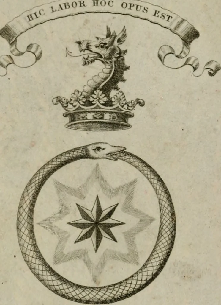 An illustration from Joh. Michaelis Faustij ... Compendium alchymist. novum, sive, Pandora explicata & figuris jllustrata, das ist, Die edelste Gabe Gottes, oder, Ein güldener Schatz : mit welchem die alten und neuen Philosophi, die unvollkommene Metall, durch Gewalt des Feuers verbessert, und allerhand schädliche und unheylsame Kranckheiten innerlich und äusserlich, durch deren Würckung vertrieben haben : dieser Edition wird annoch, nebst vielen Kupffern und über 800 Philosophischen Anmerckungen, ein volkomenes Lexicon alchymisticum novum, und ein vollständiges Register rerum & verborum, beygefüget, 1706, leaf 1