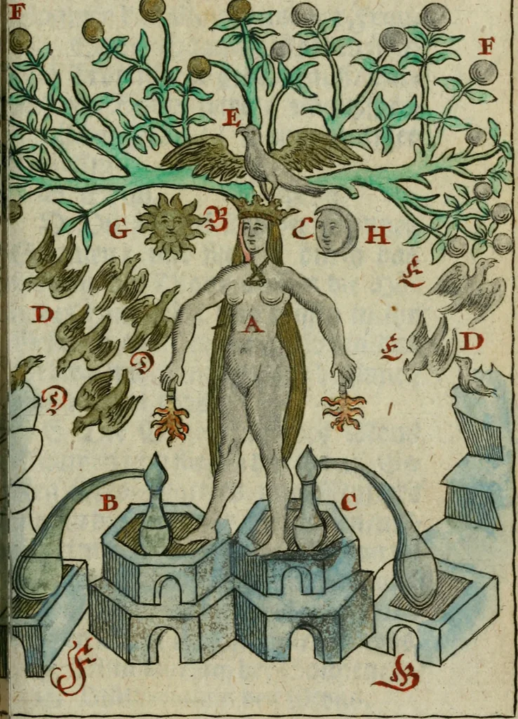 An illustration from Joh. Michaelis Faustij ... Compendium alchymist. novum, sive, Pandora explicata & figuris jllustrata, das ist, Die edelste Gabe Gottes, oder, Ein güldener Schatz : mit welchem die alten und neuen Philosophi, die unvollkommene Metall, durch Gewalt des Feuers verbessert, und allerhand schädliche und unheylsame Kranckheiten innerlich und äusserlich, durch deren Würckung vertrieben haben : dieser Edition wird annoch, nebst vielen Kupffern und über 800 Philosophischen Anmerckungen, ein volkomenes Lexicon alchymisticum novum, und ein vollständiges Register rerum & verborum, beygefüget, 1706, leaf 1004