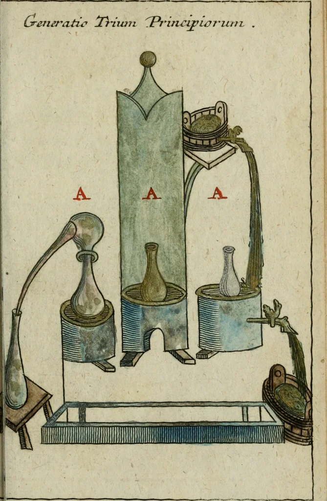 An illustration from Joh. Michaelis Faustij ... Compendium alchymist. novum, sive, Pandora explicata & figuris jllustrata, das ist, Die edelste Gabe Gottes, oder, Ein güldener Schatz : mit welchem die alten und neuen Philosophi, die unvollkommene Metall, durch Gewalt des Feuers verbessert, und allerhand schädliche und unheylsame Kranckheiten innerlich und äusserlich, durch deren Würckung vertrieben haben : dieser Edition wird annoch, nebst vielen Kupffern und über 800 Philosophischen Anmerckungen, ein volkomenes Lexicon alchymisticum novum, und ein vollständiges Register rerum & verborum, beygefüget, 1706, leaf 1020