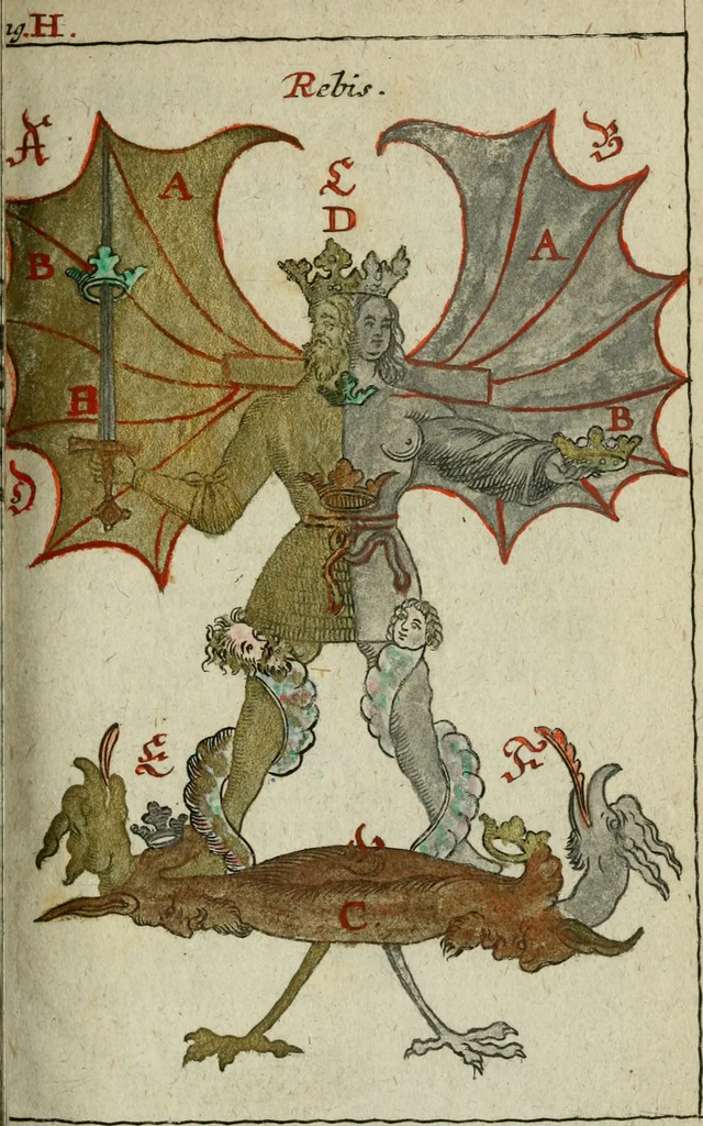 An illustration from Joh. Michaelis Faustij ... Compendium alchymist. novum, sive, Pandora explicata & figuris jllustrata, das ist, Die edelste Gabe Gottes, oder, Ein güldener Schatz : mit welchem die alten und neuen Philosophi, die unvollkommene Metall, durch Gewalt des Feuers verbessert, und allerhand schädliche und unheylsame Kranckheiten innerlich und äusserlich, durch deren Würckung vertrieben haben : dieser Edition wird annoch, nebst vielen Kupffern und über 800 Philosophischen Anmerckungen, ein volkomenes Lexicon alchymisticum novum, und ein vollständiges Register rerum & verborum, beygefüget, 1706, leaf 1028