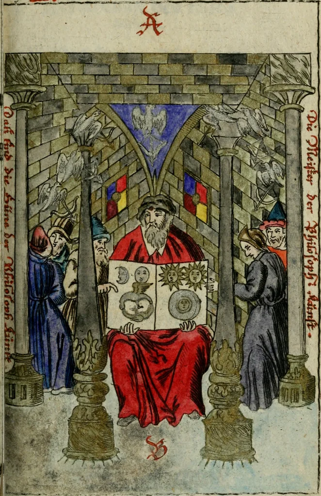 An illustration from Joh. Michaelis Faustij ... Compendium alchymist. novum, sive, Pandora explicata & figuris jllustrata, das ist, Die edelste Gabe Gottes, oder, Ein güldener Schatz : mit welchem die alten und neuen Philosophi, die unvollkommene Metall, durch Gewalt des Feuers verbessert, und allerhand schädliche und unheylsame Kranckheiten innerlich und äusserlich, durch deren Würckung vertrieben haben : dieser Edition wird annoch, nebst vielen Kupffern und über 800 Philosophischen Anmerckungen, ein volkomenes Lexicon alchymisticum novum, und ein vollständiges Register rerum & verborum, beygefüget, 1706, leaf 1036