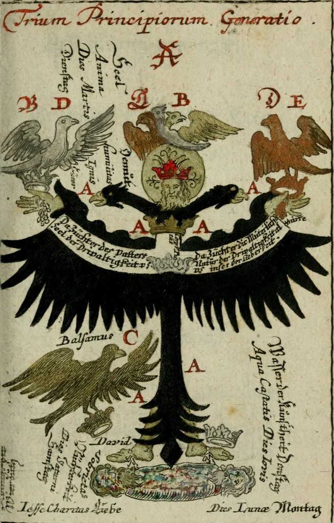 An illustration from Joh. Michaelis Faustij ... Compendium alchymist. novum, sive, Pandora explicata & figuris jllustrata, das ist, Die edelste Gabe Gottes, oder, Ein güldener Schatz : mit welchem die alten und neuen Philosophi, die unvollkommene Metall, durch Gewalt des Feuers verbessert, und allerhand schädliche und unheylsame Kranckheiten innerlich und äusserlich, durch deren Würckung vertrieben haben : dieser Edition wird annoch, nebst vielen Kupffern und über 800 Philosophischen Anmerckungen, ein volkomenes Lexicon alchymisticum novum, und ein vollständiges Register rerum & verborum, beygefüget, 1706, leaf 1068