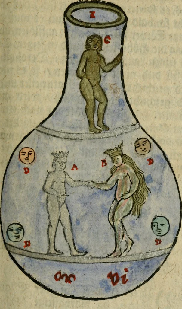 An illustration from Joh. Michaelis Faustij ... Compendium alchymist. novum, sive, Pandora explicata & figuris jllustrata, das ist, Die edelste Gabe Gottes, oder, Ein güldener Schatz : mit welchem die alten und neuen Philosophi, die unvollkommene Metall, durch Gewalt des Feuers verbessert, und allerhand schädliche und unheylsame Kranckheiten innerlich und äusserlich, durch deren Würckung vertrieben haben : dieser Edition wird annoch, nebst vielen Kupffern und über 800 Philosophischen Anmerckungen, ein volkomenes Lexicon alchymisticum novum, und ein vollständiges Register rerum & verborum, beygefüget, 1706, leaf 274