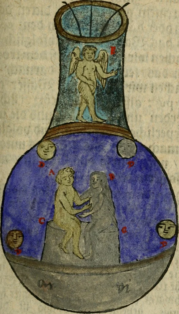 An illustration from Joh. Michaelis Faustij ... Compendium alchymist. novum, sive, Pandora explicata & figuris jllustrata, das ist, Die edelste Gabe Gottes, oder, Ein güldener Schatz : mit welchem die alten und neuen Philosophi, die unvollkommene Metall, durch Gewalt des Feuers verbessert, und allerhand schädliche und unheylsame Kranckheiten innerlich und äusserlich, durch deren Würckung vertrieben haben : dieser Edition wird annoch, nebst vielen Kupffern und über 800 Philosophischen Anmerckungen, ein volkomenes Lexicon alchymisticum novum, und ein vollständiges Register rerum & verborum, beygefüget, 1706, leaf 284