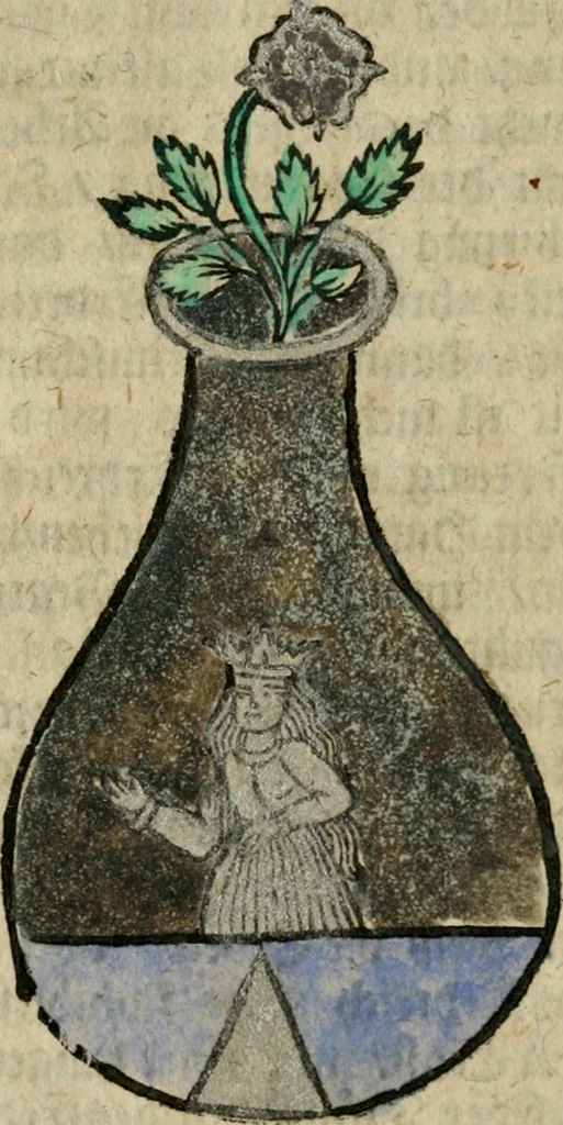 An illustration from Joh. Michaelis Faustij ... Compendium alchymist. novum, sive, Pandora explicata & figuris jllustrata, das ist, Die edelste Gabe Gottes, oder, Ein güldener Schatz : mit welchem die alten und neuen Philosophi, die unvollkommene Metall, durch Gewalt des Feuers verbessert, und allerhand schädliche und unheylsame Kranckheiten innerlich und äusserlich, durch deren Würckung vertrieben haben : dieser Edition wird annoch, nebst vielen Kupffern und über 800 Philosophischen Anmerckungen, ein volkomenes Lexicon alchymisticum novum, und ein vollständiges Register rerum & verborum, beygefüget, 1706, leaf 377