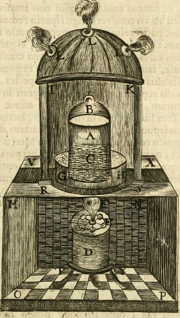 An illustration from Jo. Jacobi Mangeti, medicinae doctoris et sereniss. ac potentiss. regis Prussiae archiatri, Bibliotheca chemica curiosa, seu, Rerum ad alchemiam pertinetium thesaurus instructissimus : quo non tantùm artis auriferae, ac scriptorum in ea nobiliorum historia traditur : lapidis veritas argumentis & experimentis innumeris, immò & juris consultorum judiciis evincitur : termini obscuriores explicantur : cautiones contra impostores & difficultates in tinctura universali conficienda occurrentes, declarantur : verùm etiam tractatus omnes virorum celebriorum, qui in magno sudarunt elixyre, quíque ab ipso Hermete, ut dicitur, Trismegisto, ad nostra usque tempora de chrysopoea scripserunt, cum praecipuis suis commentariis, concinno ordine dispositi exhibentur. Ad quorum omnium illustrationem additae sunt quamplurimae figurae aeneae, 1702, leaf 110