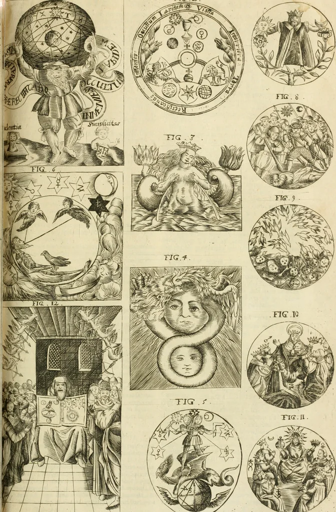 An illustration from Jo. Jacobi Mangeti, medicinae doctoris et sereniss. ac potentiss. regis Prussiae archiatri, Bibliotheca chemica curiosa, seu, Rerum ad alchemiam pertinetium thesaurus instructissimus : quo non tantùm artis auriferae, ac scriptorum in ea nobiliorum historia traditur : lapidis veritas argumentis & experimentis innumeris, immò & juris consultorum judiciis evincitur : termini obscuriores explicantur : cautiones contra impostores & difficultates in tinctura universali conficienda occurrentes, declarantur : verùm etiam tractatus omnes virorum celebriorum, qui in magno sudarunt elixyre, quíque ab ipso Hermete, ut dicitur, Trismegisto, ad nostra usque tempora de chrysopoea scripserunt, cum praecipuis suis commentariis, concinno ordine dispositi exhibentur. Ad quorum omnium illustrationem additae sunt quamplurimae figurae aeneae, 1702, leaf 1212