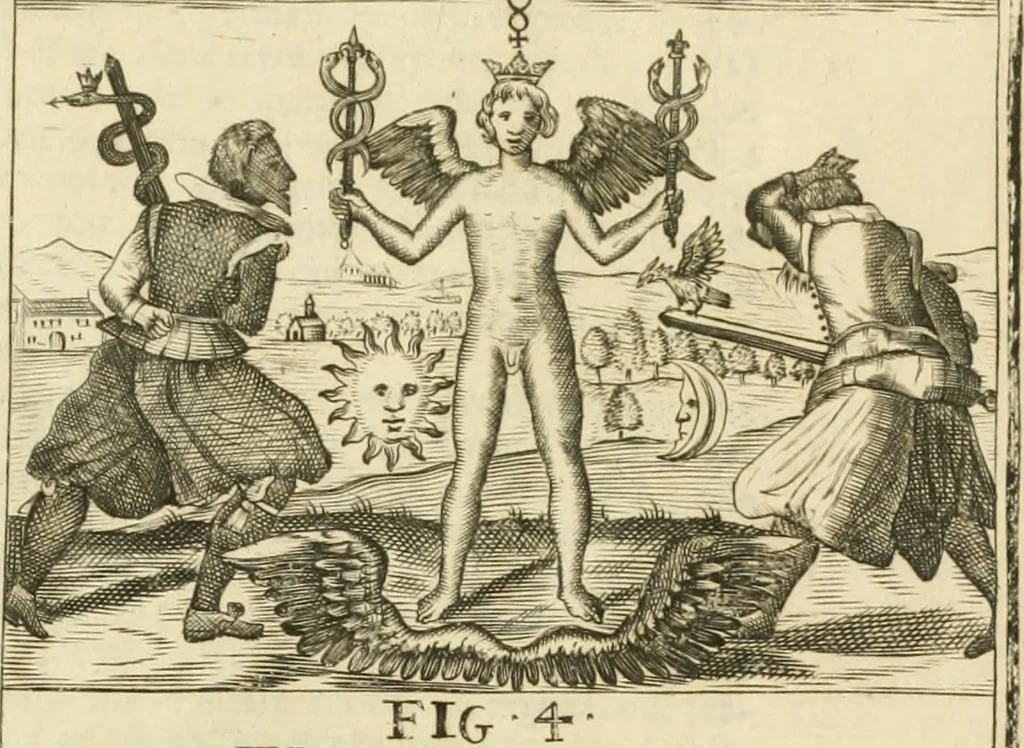 An illustration from Jo. Jacobi Mangeti, medicinae doctoris et sereniss. ac potentiss. regis Prussiae archiatri, Bibliotheca chemica curiosa, seu, Rerum ad alchemiam pertinetium thesaurus instructissimus : quo non tantùm artis auriferae, ac scriptorum in ea nobiliorum historia traditur : lapidis veritas argumentis & experimentis innumeris, immò & juris consultorum judiciis evincitur : termini obscuriores explicantur : cautiones contra impostores & difficultates in tinctura universali conficienda occurrentes, declarantur : verùm etiam tractatus omnes virorum celebriorum, qui in magno sudarunt elixyre, quíque ab ipso Hermete, ut dicitur, Trismegisto, ad nostra usque tempora de chrysopoea scripserunt, cum praecipuis suis commentariis, concinno ordine dispositi exhibentur. Ad quorum omnium illustrationem additae sunt quamplurimae figurae aeneae, 1702, leaf 1414