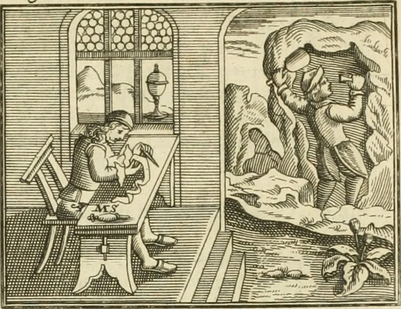 An illustration from Jo. Jacobi Mangeti, medicinae doctoris et sereniss. ac potentiss. regis Prussiae archiatri, Bibliotheca chemica curiosa, seu, Rerum ad alchemiam pertinetium thesaurus instructissimus : quo non tantùm artis auriferae, ac scriptorum in ea nobiliorum historia traditur : lapidis veritas argumentis & experimentis innumeris, immò & juris consultorum judiciis evincitur : termini obscuriores explicantur : cautiones contra impostores & difficultates in tinctura universali conficienda occurrentes, declarantur : verùm etiam tractatus omnes virorum celebriorum, qui in magno sudarunt elixyre, quíque ab ipso Hermete, ut dicitur, Trismegisto, ad nostra usque tempora de chrysopoea scripserunt, cum praecipuis suis commentariis, concinno ordine dispositi exhibentur. Ad quorum omnium illustrationem additae sunt quamplurimae figurae aeneae, 1702, leaf 1528