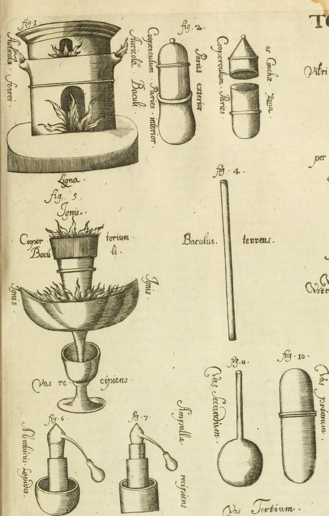 An illustration from Jo. Jacobi Mangeti, medicinae doctoris et sereniss. ac potentiss. regis Prussiae archiatri, Bibliotheca chemica curiosa, seu, Rerum ad alchemiam pertinetium thesaurus instructissimus : quo non tantùm artis auriferae, ac scriptorum in ea nobiliorum historia traditur : lapidis veritas argumentis & experimentis innumeris, immò & juris consultorum judiciis evincitur : termini obscuriores explicantur : cautiones contra impostores & difficultates in tinctura universali conficienda occurrentes, declarantur : verùm etiam tractatus omnes virorum celebriorum, qui in magno sudarunt elixyre, quíque ab ipso Hermete, ut dicitur, Trismegisto, ad nostra usque tempora de chrysopoea scripserunt, cum praecipuis suis commentariis, concinno ordine dispositi exhibentur. Ad quorum omnium illustrationem additae sunt quamplurimae figurae aeneae, 1702, leaf 564