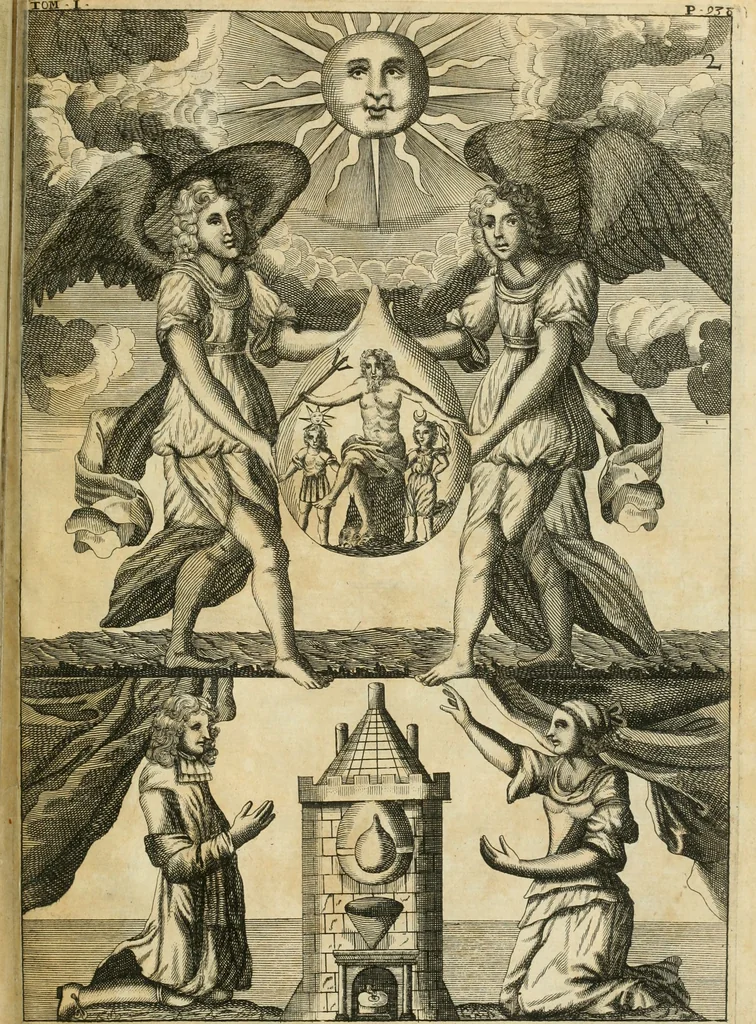 An illustration from Jo. Jacobi Mangeti, medicinae doctoris et sereniss. ac potentiss. regis Prussiae archiatri, Bibliotheca chemica curiosa, seu, Rerum ad alchemiam pertinetium thesaurus instructissimus : quo non tantùm artis auriferae, ac scriptorum in ea nobiliorum historia traditur : lapidis veritas argumentis & experimentis innumeris, immò & juris consultorum judiciis evincitur : termini obscuriores explicantur : cautiones contra impostores & difficultates in tinctura universali conficienda occurrentes, declarantur : verùm etiam tractatus omnes virorum celebriorum, qui in magno sudarunt elixyre, quíque ab ipso Hermete, ut dicitur, Trismegisto, ad nostra usque tempora de chrysopoea scripserunt, cum praecipuis suis commentariis, concinno ordine dispositi exhibentur. Ad quorum omnium illustrationem additae sunt quamplurimae figurae aeneae, 1702, leaf 964