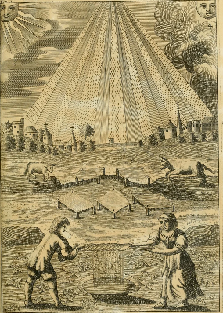 An illustration from Jo. Jacobi Mangeti, medicinae doctoris et sereniss. ac potentiss. regis Prussiae archiatri, Bibliotheca chemica curiosa, seu, Rerum ad alchemiam pertinetium thesaurus instructissimus : quo non tantùm artis auriferae, ac scriptorum in ea nobiliorum historia traditur : lapidis veritas argumentis & experimentis innumeris, immò & juris consultorum judiciis evincitur : termini obscuriores explicantur : cautiones contra impostores & difficultates in tinctura universali conficienda occurrentes, declarantur : verùm etiam tractatus omnes virorum celebriorum, qui in magno sudarunt elixyre, quíque ab ipso Hermete, ut dicitur, Trismegisto, ad nostra usque tempora de chrysopoea scripserunt, cum praecipuis suis commentariis, concinno ordine dispositi exhibentur. Ad quorum omnium illustrationem additae sunt quamplurimae figurae aeneae, 1702, leaf 966