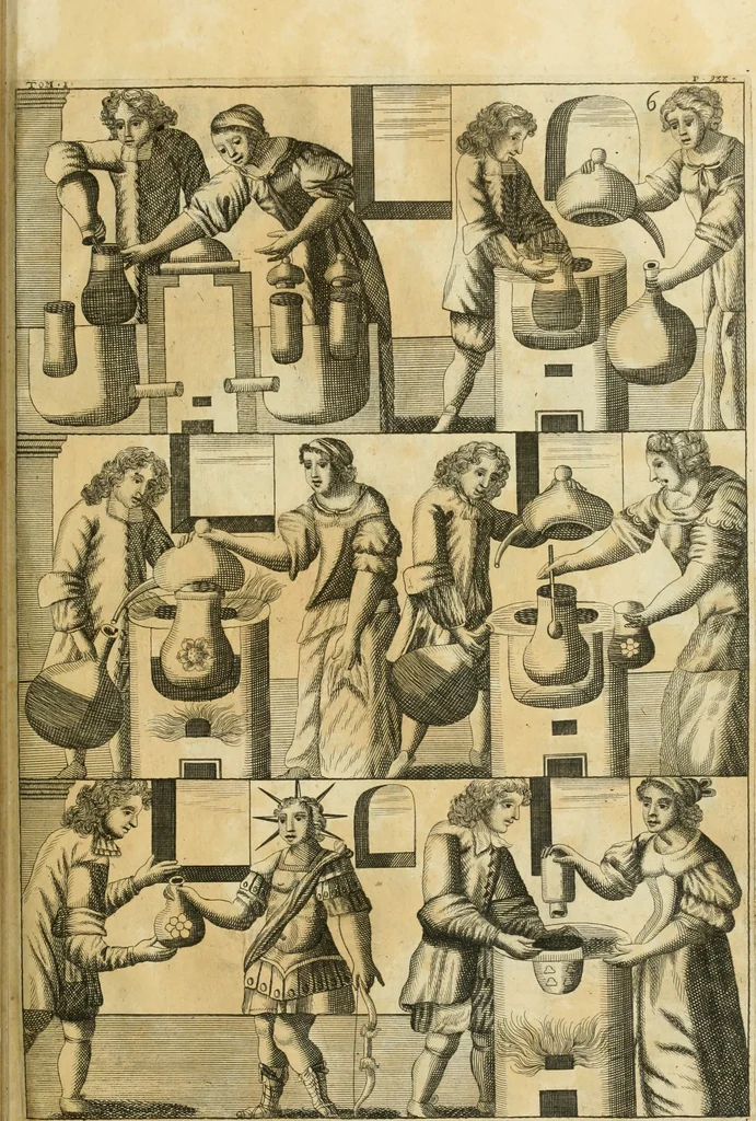An illustration from Jo. Jacobi Mangeti, medicinae doctoris et sereniss. ac potentiss. regis Prussiae archiatri, Bibliotheca chemica curiosa, seu, Rerum ad alchemiam pertinetium thesaurus instructissimus : quo non tantùm artis auriferae, ac scriptorum in ea nobiliorum historia traditur : lapidis veritas argumentis & experimentis innumeris, immò & juris consultorum judiciis evincitur : termini obscuriores explicantur : cautiones contra impostores & difficultates in tinctura universali conficienda occurrentes, declarantur : verùm etiam tractatus omnes virorum celebriorum, qui in magno sudarunt elixyre, quíque ab ipso Hermete, ut dicitur, Trismegisto, ad nostra usque tempora de chrysopoea scripserunt, cum praecipuis suis commentariis, concinno ordine dispositi exhibentur. Ad quorum omnium illustrationem additae sunt quamplurimae figurae aeneae, 1702, leaf 970