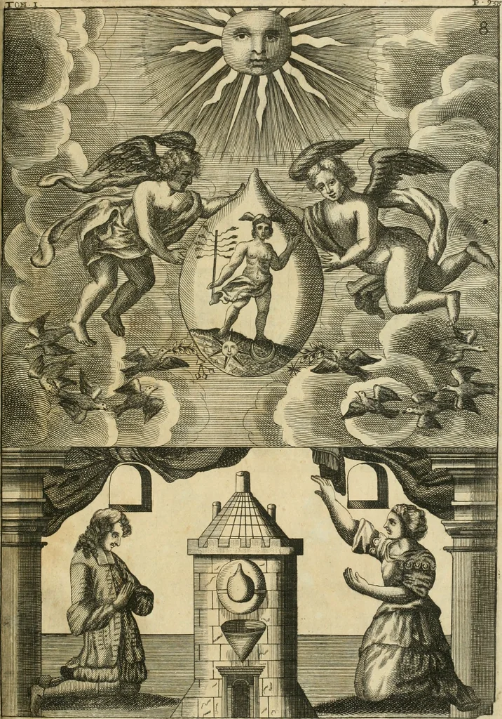 An illustration from Jo. Jacobi Mangeti, medicinae doctoris et sereniss. ac potentiss. regis Prussiae archiatri, Bibliotheca chemica curiosa, seu, Rerum ad alchemiam pertinetium thesaurus instructissimus : quo non tantùm artis auriferae, ac scriptorum in ea nobiliorum historia traditur : lapidis veritas argumentis & experimentis innumeris, immò & juris consultorum judiciis evincitur : termini obscuriores explicantur : cautiones contra impostores & difficultates in tinctura universali conficienda occurrentes, declarantur : verùm etiam tractatus omnes virorum celebriorum, qui in magno sudarunt elixyre, quíque ab ipso Hermete, ut dicitur, Trismegisto, ad nostra usque tempora de chrysopoea scripserunt, cum praecipuis suis commentariis, concinno ordine dispositi exhibentur. Ad quorum omnium illustrationem additae sunt quamplurimae figurae aeneae, 1702, leaf 974