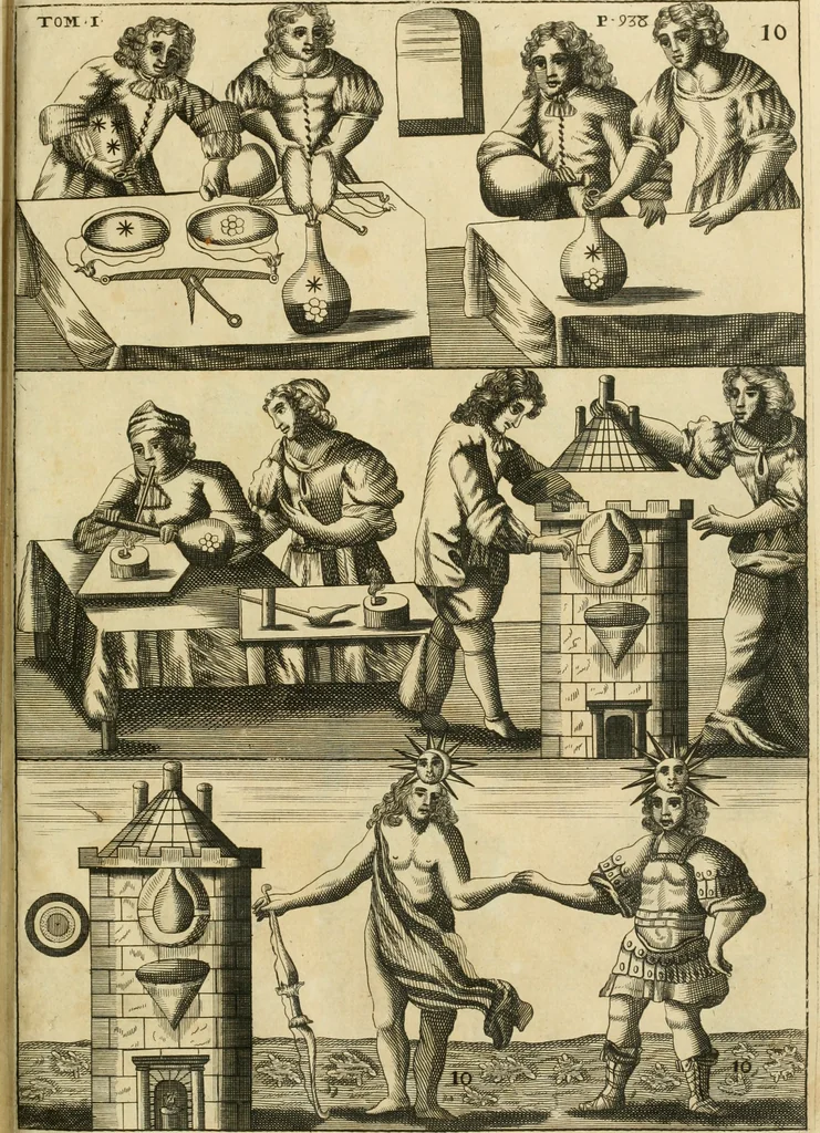 An illustration from Jo. Jacobi Mangeti, medicinae doctoris et sereniss. ac potentiss. regis Prussiae archiatri, Bibliotheca chemica curiosa, seu, Rerum ad alchemiam pertinetium thesaurus instructissimus : quo non tantùm artis auriferae, ac scriptorum in ea nobiliorum historia traditur : lapidis veritas argumentis & experimentis innumeris, immò & juris consultorum judiciis evincitur : termini obscuriores explicantur : cautiones contra impostores & difficultates in tinctura universali conficienda occurrentes, declarantur : verùm etiam tractatus omnes virorum celebriorum, qui in magno sudarunt elixyre, quíque ab ipso Hermete, ut dicitur, Trismegisto, ad nostra usque tempora de chrysopoea scripserunt, cum praecipuis suis commentariis, concinno ordine dispositi exhibentur. Ad quorum omnium illustrationem additae sunt quamplurimae figurae aeneae, 1702, leaf 978